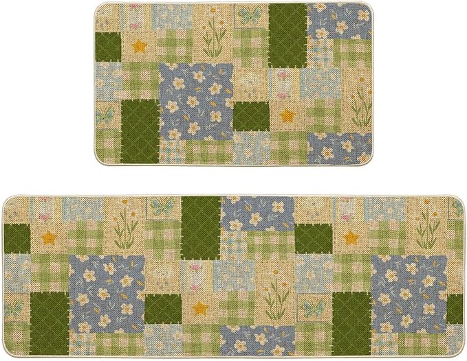 Artoid Mode Check Pattern Flowers Floral Spring Kitchen Mats Set of 2, Home Decor Low-Profile Kitchen Rugs for Floor - 17x29 and 17x47 Inch