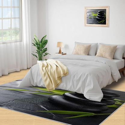 Zen Buddhism Rugs for Bedroom - 6x8 Area Rug - Black Zen Dianthus Leaf Rugs for Living Room, Meditation Yoga Rug, Washable Home Decor Carpet