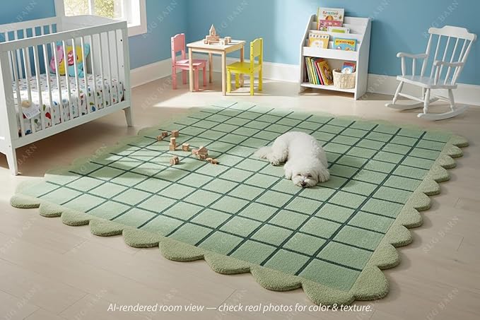 Mint Green Scalloped Edge Wool Area Rug with Checker Grid Design, Hand-Tufted Soft Carpet for Living Room, Bedroom, Nursery, Kids & Playroom Décor - 6x9 Ft