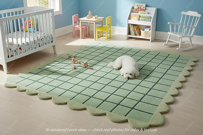Mint Green Scalloped Edge Wool Area Rug with Checker Grid Design, Hand-Tufted Soft Carpet for Living Room, Bedroom, Nursery, Kids & Playroom Décor - 7x7 Ft (Round)