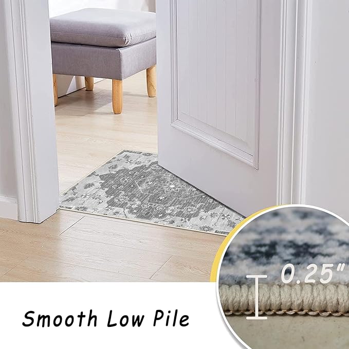 vivorug 6x9 Area Rugs, Stain Resistant Washable Rug for Living Room, Vintage-Inspired Grey Floral Rug