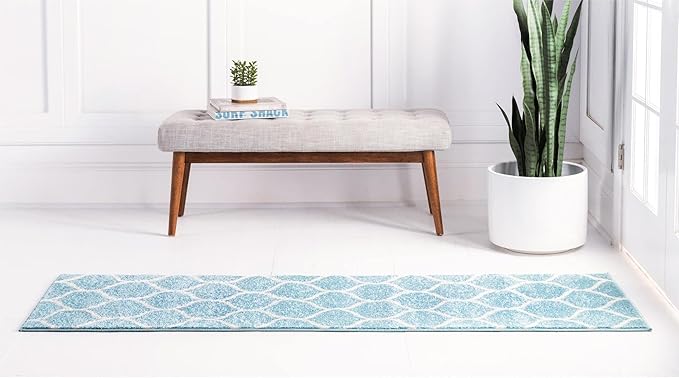 Rugs.com Lattice Frieze Collection Rug – 2' x 13' Runner Light Blue Medium Rug Perfect for Living Rooms, Large Dining Rooms, Open Floorplans