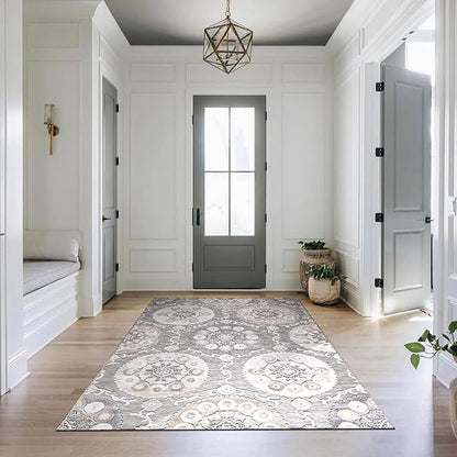 CAMILSON Indoor Outdoor Rug 10x14 Bohemian Medallion Floral Area Rugs for Indoor and Outdoor Patios Easy-Cleaning Non-Shedding Living Room Garden and Kitchen Washable Outside Carpet (10 x 14 / Beige)