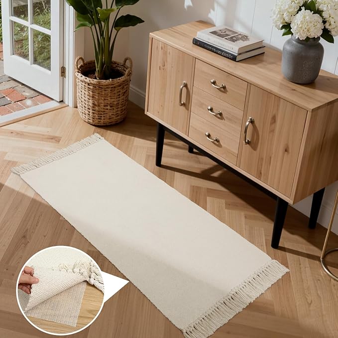 Collive Kitchen Runner Rug 2' x 4.3' ft, Washable Bathroom Rugs Non Slip Hand Woven Reversible Rug for Entryway, Modern Farmhouse Bedroom Carpet for Hallway Front Door Decor, White/Beige