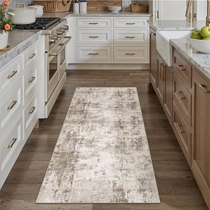 2x6 Washable Runner Rug Brown Grey Abstract Hallway Kitchen Throw Rug Neutral Modern Non Slip Soft Low Pile Carpet for Bathroom Laundry Bedroom Living Room