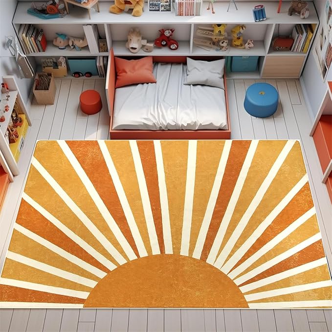 Rainbow Sun Area Rug,3x4ft,Boho Kids Room Area Rug, Living Room Decorative Rainbow Rug for Kids Girls Boys Bedroom, Living Room, Classroom, Office Non-Slip Washable