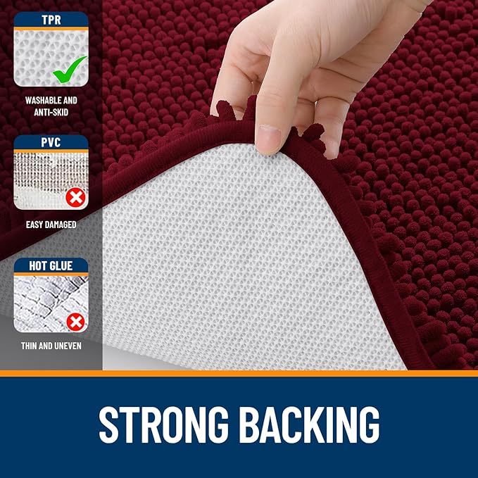 OLANLY Bathroom Rugs 47x20, Extra Soft Absorbent Chenille Bath Rugs, Rubber Backing Quick Dry, Machine Washable Bath Mats for Bathroom Floor, Tub and Shower, Home Decor Accessories, Burgundy