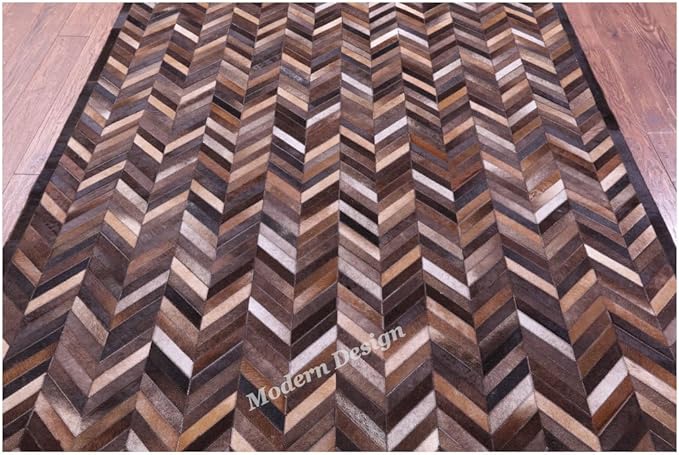 Modern Design Premium Cowhide Leather Carpet with Chevron Pattern, Area Rug (Natural Multi Brown, 9x15)