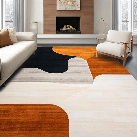 Flatwoven High Traffic Area Rug 8x10, Black Orange Abstract Geometric Shape, Non Slip, Stain Resistant, Washable Area Rugs for Living Room, Bedroom (Orange, 8x10)
