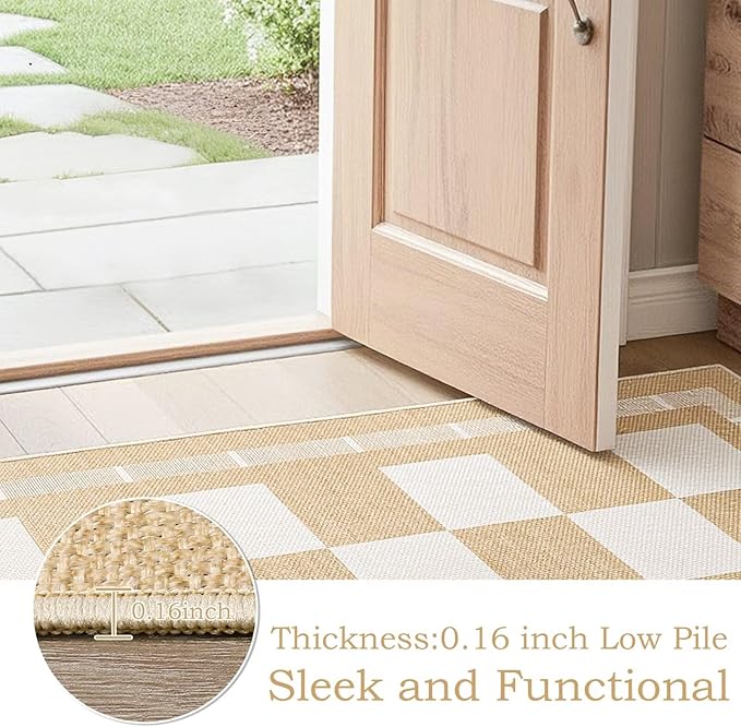 Vasofe Checkered Jute Rugs, 6x9 Large Washable Outdoor Patio Rug, Living Room Bedroom Dining Room Indoor Carpet, Non Slip Modern Farmhouse Neutral Geometric Porch Classroom Mat, Khaki and White