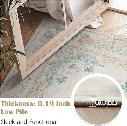 jinchan Vintage Floral Runner Rug 2x5 - Machine Washable Distressed Design Non-Slip Low-Pile Soft Thin Carpet for Hallway Kitchen Farmhouse Bedroom Entryway Laundry Room (2x5ft, Apricot Multi)