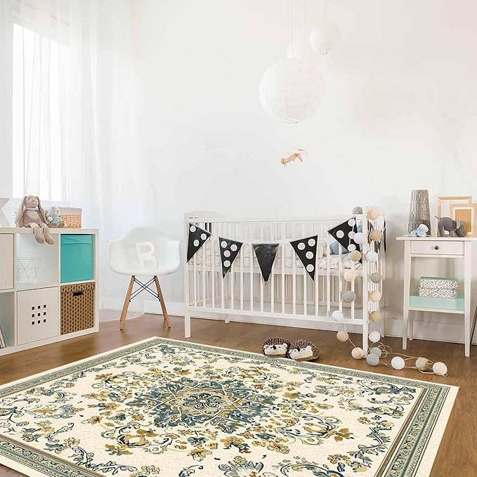 Bohemian Rectangular Area Rugs for Living Room Bedroom 2.8 x 5 ft Vintage Farmhouse Floral Pattern Non-Shedding Soft Low Pile Rug Non Slip Washable Rug for Nursery Entryway Playroom