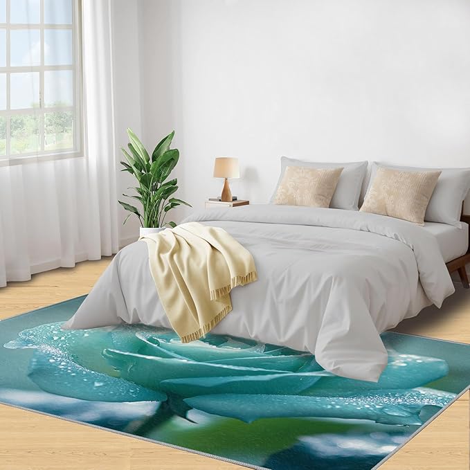 4x5 Blue-Rose Indoor Outdoor Rug - Realistic Florals Bedside Rug, Flowers Washable Entry Way Rugs Kids Carpet for Inside House Playroom Living Room End Table Nursery