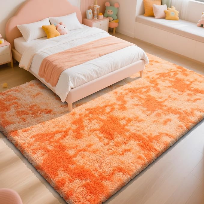 Mottling Orange Fluffy Rug Shaggy Area Rug, 6x9 Area Rugs for Girls Bedroom, Big Soft Shaggy Bedside Non-Slip Plush Dorm Nursery Kids Carpet Home Decor Aesthetic
