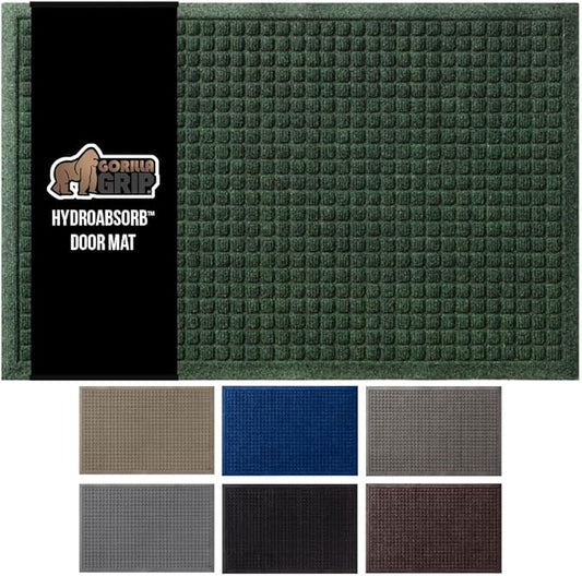 GORILLA GRIP Front Door Mat, Indoor Outdoor Ultra Absorbent HydroAbsorb Doormat, Absorbs Up to 1.7 Cups of Water, Stain and Fade Resistant, Rubber Backing Doormats, Captures Dirt, 29x17 Green