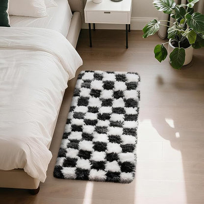 Checkered Rug for Bedroom, 2x4 Black and White Area Rugs, Classic Checkered Carpets Shaggy Area Rug, Bedside Rugs for Living Room Bedroom Kids Room Home Decor