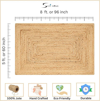 Hand Woven Farmhouse Jute Area Rug 5x8 Ft Rectuangler Natural Yarn, Rustic Vintage Beige Braided Reversible Rug, Eco Friendly Rugs for Bedroom, Kitchen, Living Room, Farmhouse 100% Jute Rug - Natural