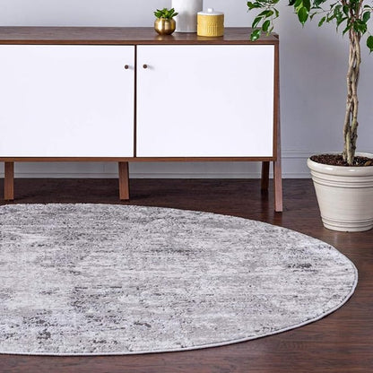 Rugs.com Leipzig Collection Round Rug – 6 Ft Round Grey Low-Pile Rug Perfect for Kitchens, Dining Rooms