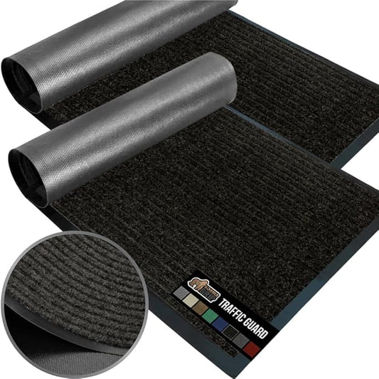 GORILLA GRIP Waterproof Traffic Guard Door Mat, 2 Pack Heavy Duty Entryway Mats, Strong Rubber Back Commercial Utility Rugs for Office Hallway, Garage Floor and Home, Low Profile Carpet, 29x17, Black