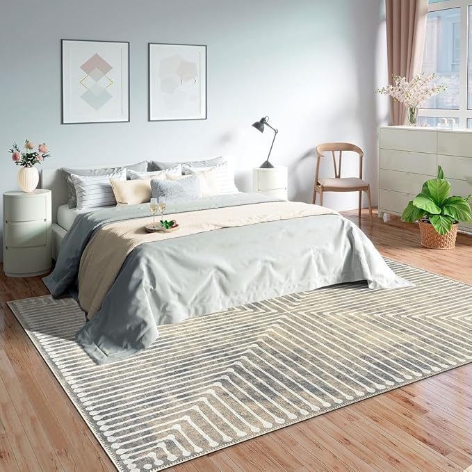 GLN Rugs Contemporary Collection - Machine Washable Area Rug, Contemporary Washable, Non Slip, Low Pile Chenille Rug, Living Room, Bedroom, Kitchen Rug (6' x 9' Lines Cream)