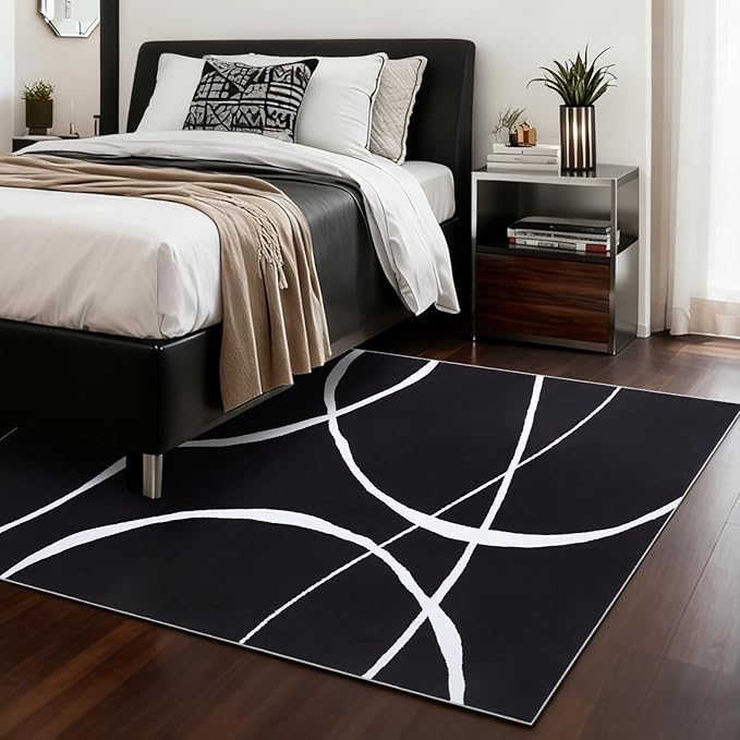 YIHOUSE Modern Washable Area Rug for Living Room Bedroom - Large Abstract Black and White Rug Non-Slip Ultra-Thin Home Decor (Dark Curve, 5'x7'ft)