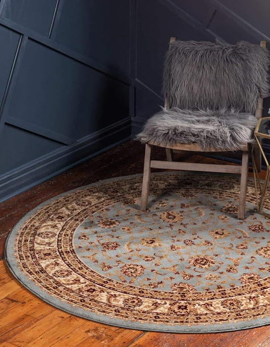 Unique Loom Voyage Collection Traditional Oriental Classic Intricate Design Area Rug (8' 0 x 8' 0 Round, Light Blue/Gold)