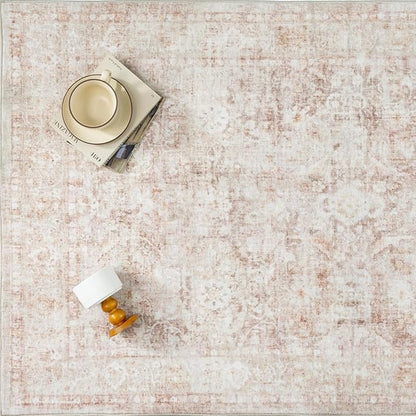 2x8 Beige Washable Runner Rug for Kitchen Hallway Neutral Soft Non Slip Rug Low Pile Vintage Distressed Carpet for Bathroom Bedroom Indoor Nursery