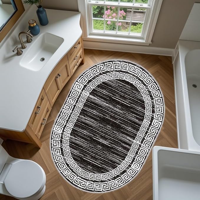 Minimalist Distressed Black Off White Greek Key Pattern Bordered Rug 10x14 for Liivng Room Bedroom Dining Room Soft Non Skid Washable Large Rugs Nursery Dorm Kitchen Rustic Classic Indoor Oval Carpet