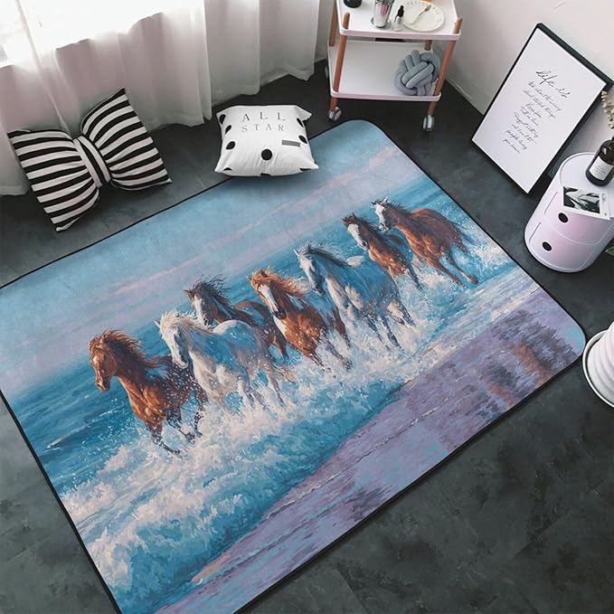 Horse Run Gallop in Waves Ocean Area Rug Washable Outdoor Rugs Anti-Slip Soft Carpet Entryway Indoor Door Mat for Bedroom,Living Room,Porch,Terrace and Entrance Decor 6'x 4'