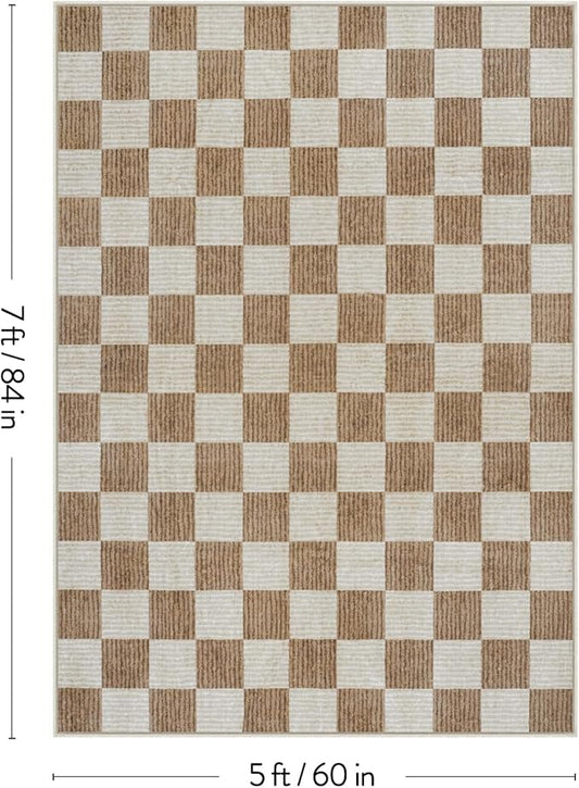 Machine Washable 5x7 Area Rugs for Living Room Checkered, Non Slip Soft Low Pile Farmhouse Geometric Modern Neutral Playroom Boys Rugs for Bedroom, Large Carpet Rugs for Dining Room(Brown,5'x7')