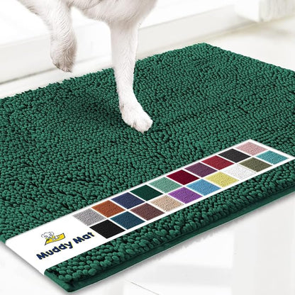 Muddy Mat® | Super Absorbent Door Mat Indoor, Microfiber Quick Dry Chenille Entryway Rug, Non-Slip Front Door Mat, Indoor Mats for Entryway, Machine Washable Pet Rug, Dark Green 36" x 120"
