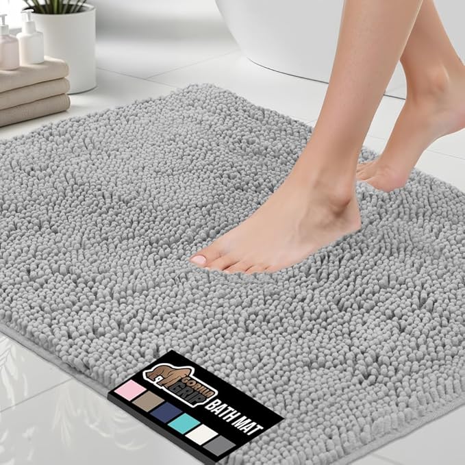 GORILLA GRIP Bath Rug Mat 60x24, Soft Absorbent Chenille, Quick Dry Microfiber Mats, Rubber Backing Washable Shower Floor Rugs, Bathmat Runner, US Designed Bathroom Home Decor Accessories Light Gray
