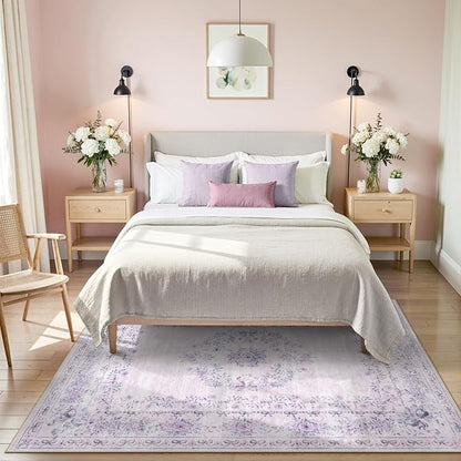 Wonnitar Floral Bow Print Purple Rug, 5x7 Washable Rug for Girls Room Decor, Ultra-Thin Non Slip Soft Boho Carpet for Bedroom Nursery Toddler Kids Room Living Room Women Office