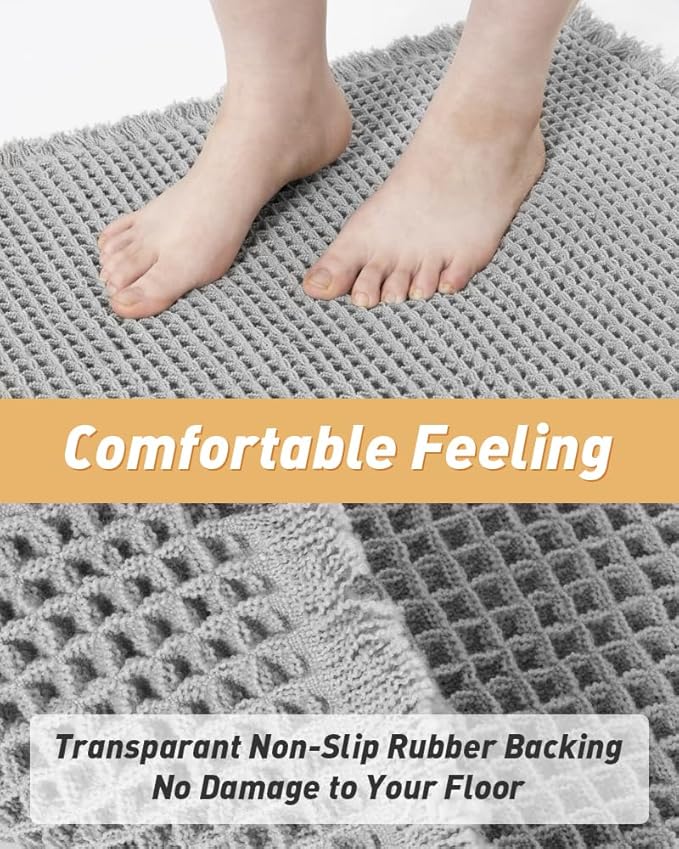 AMOAMI Upgraded Waffle Bath Mat, Super Absorbent Non Slip Bath Mats for Bathroom Floor, Machine Washable Bathroom Rugs with Tassels, Rubber Backed Bathroom Mats, Ultra Soft, 20" x 32", Light Grey