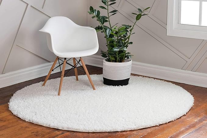 Unique Loom Davos Shag Collection Area Rug - Solid (4' 1" Round, White/ Ivory)