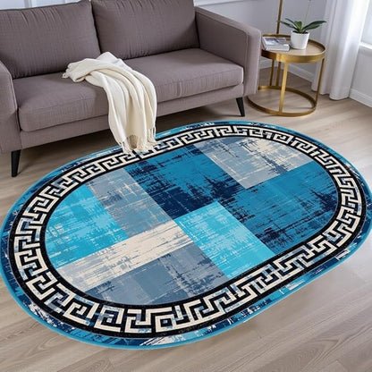 Blue Grey Black Greek Key Pattern Bordered Design Large Carpet for Living Room Bedroom Dining Room Soft Non Slip Low Pile Area Rug 10x12 Farmhouse Doormats Vintage Distressed Home Office Oval Rugs
