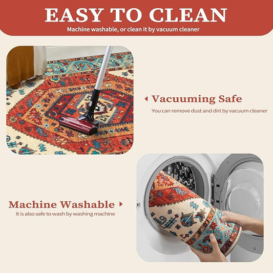 SERISSA Boho Rugs for Entryway, 2x3 Orange Entryway Rug Non-Slip Washable Small Area Rug, Ultra Soft Oriental Vintage Low-Pile Indoor Door Mat Floor Carpet for Entrance Bedroom Kitchen Bathroom
