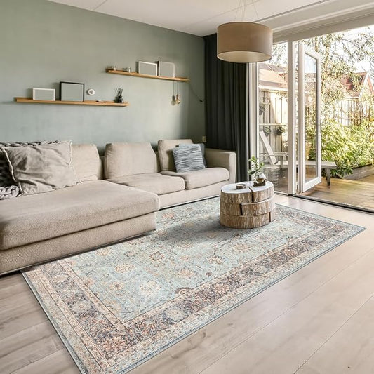 GLN Rugs Traditional Collection - Machine Washable Area Rug, Traditional Washable, Non Slip, Low Pile Chenille Rug, Living Room, Bedroom, Kitchen Rug (5' x 7' Light Blue)