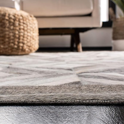 Premium Diamond Pattern Leather Area Rug, Geometric Cowhide Patchwork Carpet - 5X8 ft, Luxury Beige and Grey Non-Slip Floor Accent for Dining Room, Living Room, Hallway
