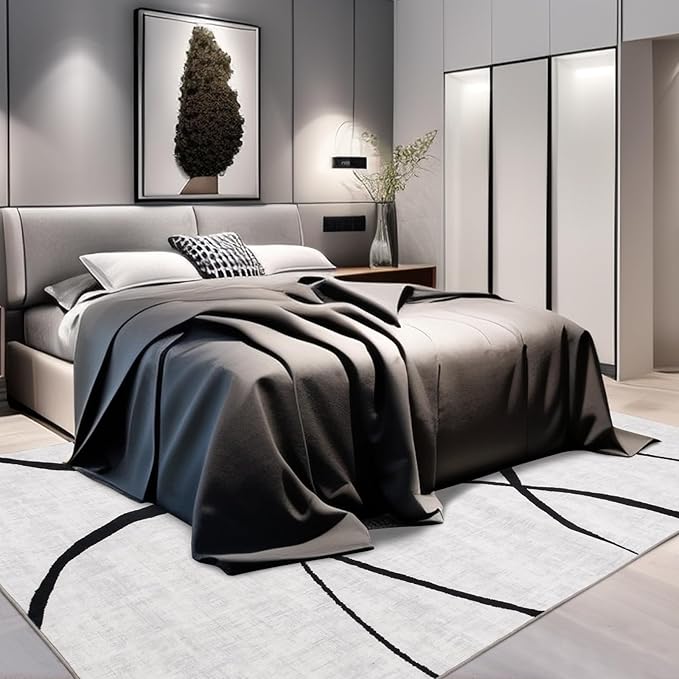 YIHOUSE Curve 9x12ft Modern Washable Area Rug for Living Room Bedroom - Large Abstract Black and White Rug Non-Slip Ultra-Thin Home Decor