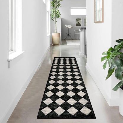 Lahome Moroccan Trellis Runner Rug - 2x8 Black Hallway Runner Rug with Rubber Backing, Checkered Kitchen Non Skid Carpet Runners Washable Indoor Mat for Camper Entryway Bathroom Hardwood Floor