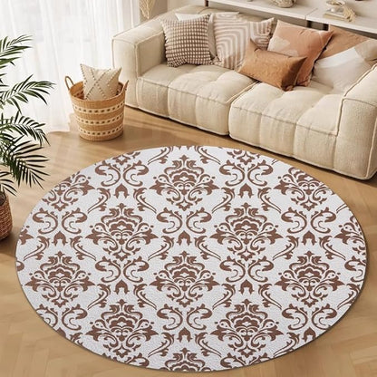 Oriental Tribal Floral Round Rug Vintage Brown Pattern Area Rug Washable Soft Non-Slip Floor Carpet Low Pile Accent Rugs for Entryway Living Room Dining Room Bedroom Home Office 6ft