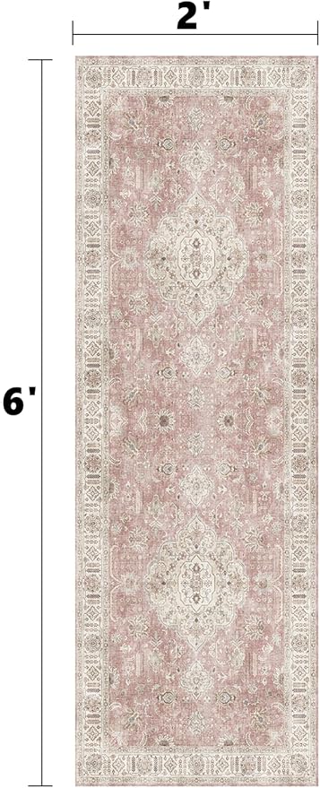 Washable Runner Rugs for Entrance 2x6 Non-Slip Hallway Runner Rugs Vintage Runners for Bedside Pink