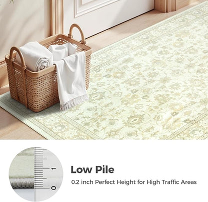 LIVEBOX Washable Area Rug 8x10 - Large Beige Boho Living Room Rug Vintage Rugs for Bedroom, Non-Slip Retro Floral Carpet Print Distressed Accent Rugs for Dining Room Home Office