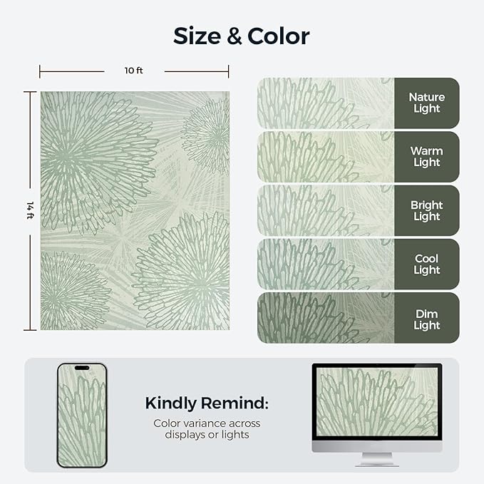 WITSHOCK 10x14 Washable Rug for Living Room,Modern Floral Distress Print Pattern Area Rugs,Stain Resistant with Non Slip Backing Carpet for Dining Room,Bedroom & Home Decor,Green/Light Green