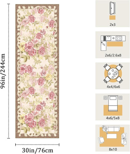 2'6''x8' Machine Washable Runner Rug, Kitchen Hallway Area Rug Pink Vintage Boho Floral Ultra Non-Slip Low Pile Soft Faux Wool Carpet, Kids and Pets Friendly for Bedroom Entryway Nursery Decor Rug