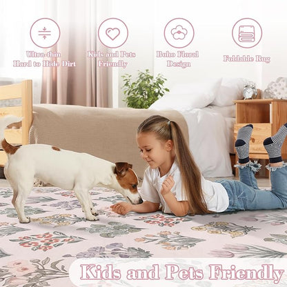 Wonnitar Floral 3x5 Washable Rug, Ultra-Thin Pink Small Rugs for Bedroom, Soft Ultra-Thin Non Slip Entryway Indoor Decor Carpet for Bedside Decor Office Girls Room Dorm, Pale Pink