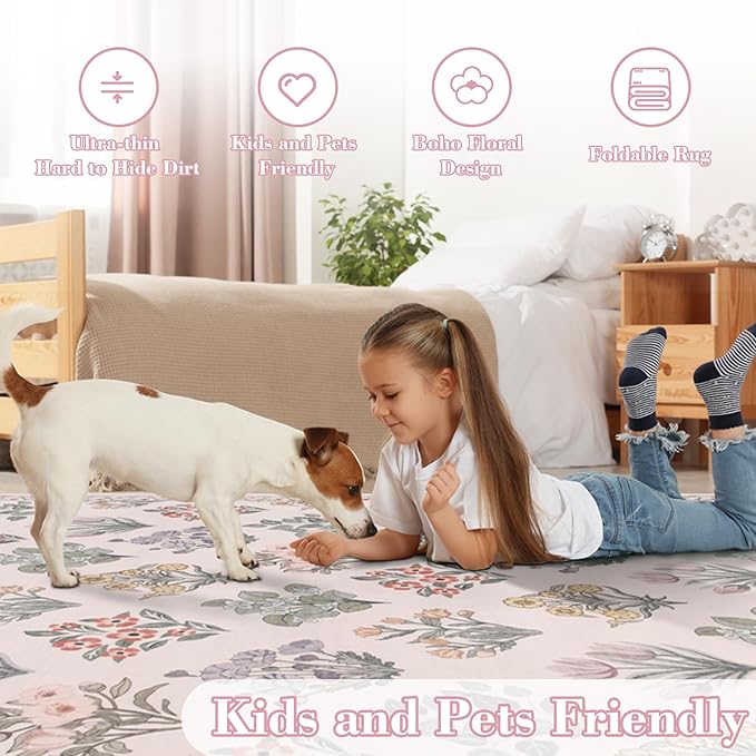 Wonnitar 8x10 Washable Rug, Pink Rugs for Girls Bedroom Decor, Boho Ultra-Thin Non Slip Soft Moroccan Floral Large Carpet for Living Room Baby Nursery Kids Playroom, Pale Pink