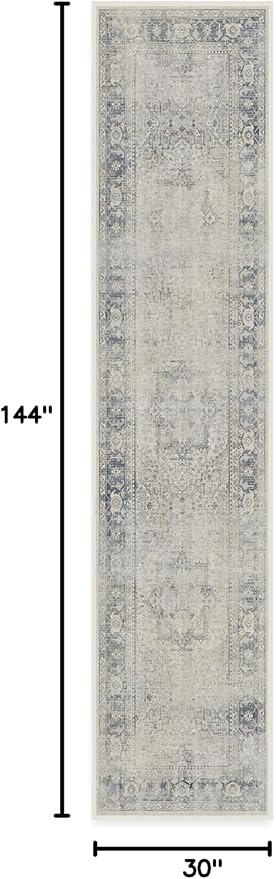 RUGGABLE Washable Vintage Runner Rug – Kamran Blue Quartz 2.5x12, Stain-Resistant, Non-Slip Hallway Runner – Machine Washable Rug for Hallway, Entryway, Living Room & Kitchen–with Standard Pad