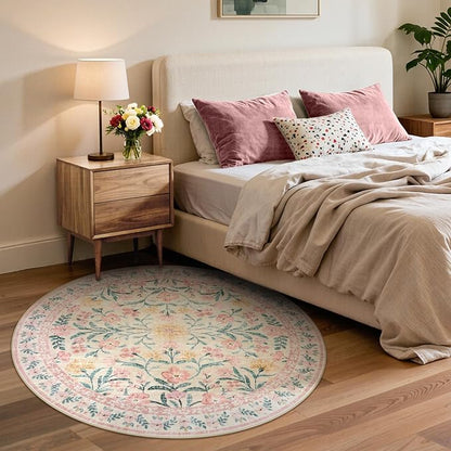 Lahome Pink Floral 6 ft Round Rug, Soft Cozy Circle Rug for Tween Girls Bedroom Decor, Machine Washable Nursery Carpet with Non-Slip Backing for Retreat or Reading Nook